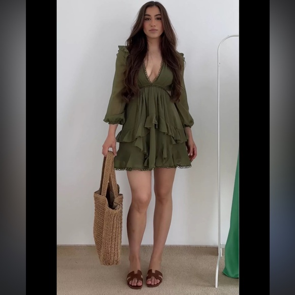 Olive Green Long Sleeve Romantic V Neck Ruffle Mini Dress size small - Picture 4 of 5